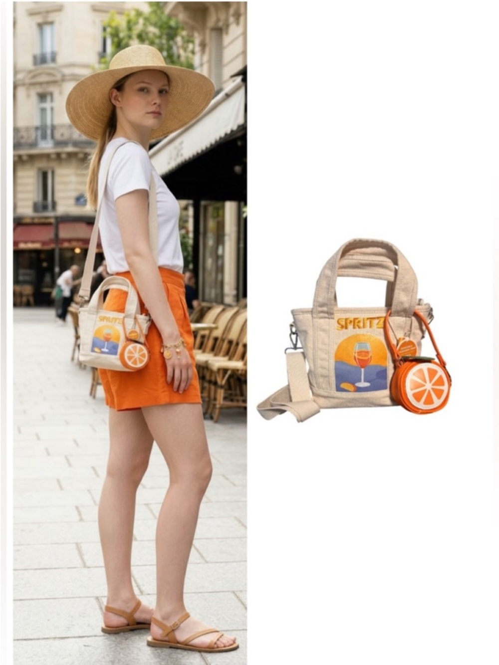 C&C California Beige & Orange Spritz Mini Tote Shoulder Bag